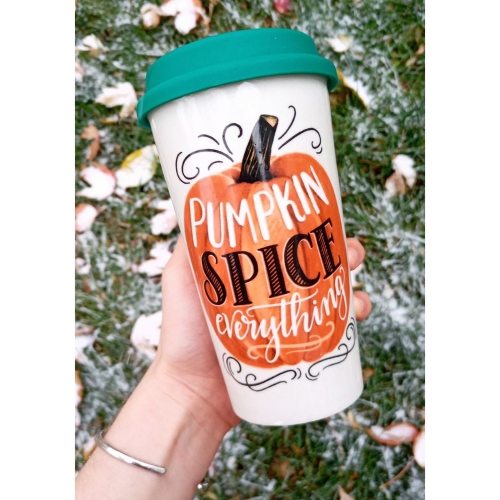Anthropologie Lily & Val "Pumpkin Spice Everything" glass tumbler mug